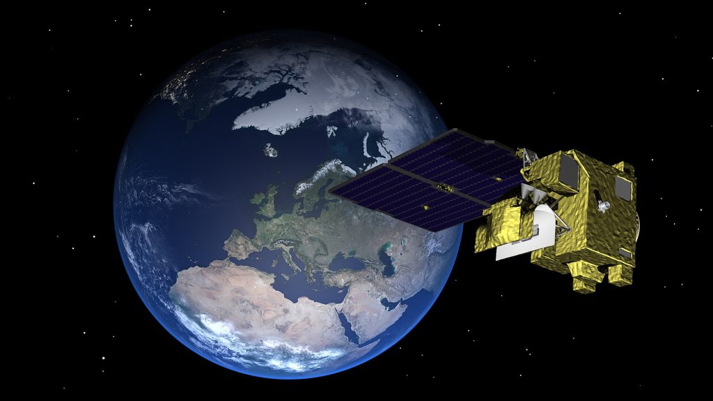 A weather satellite image of storm systems over the Earth