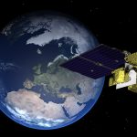A weather satellite image of storm systems over the Earth