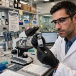 Researcher in a laboratory holding a vaccine vial for cancer immunotherapy research