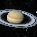 Saturn and its rings surrounded by many small moons in deep space
