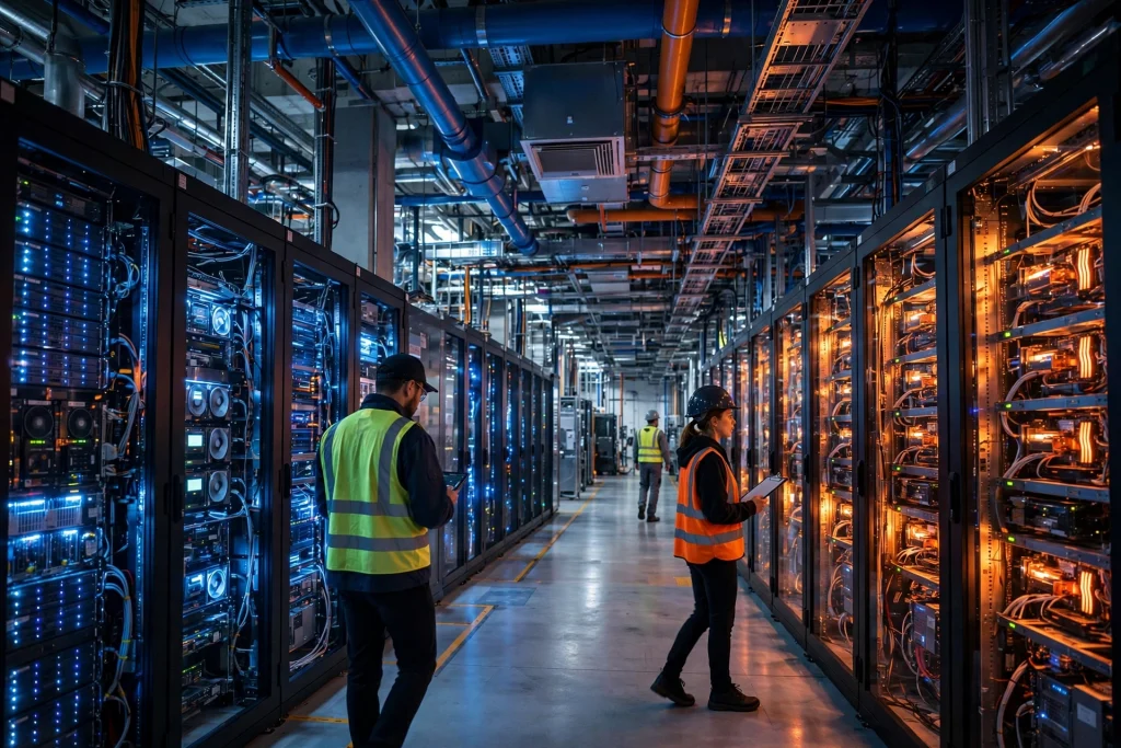 Rows of servers inside a modern AI data center