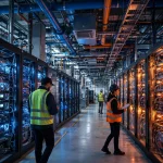 Rows of servers inside a modern AI data center