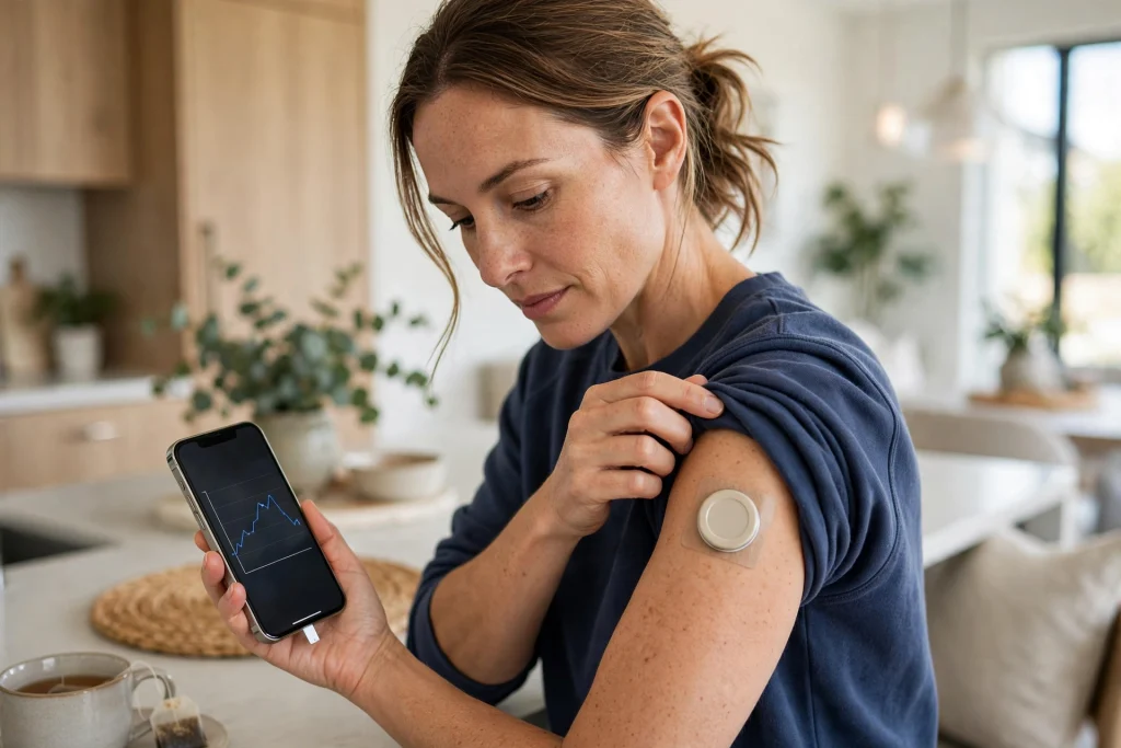 Person checking a continuous glucose monitor reading on a smartphone