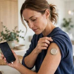 Person checking a continuous glucose monitor reading on a smartphone